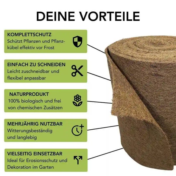 Eine Rolle Kokosfasermatte zur Pflanzenabdeckung mit einer Übersicht der Vorteile wie Frostschutz, einfache Handhabung und Langlebigkeit.