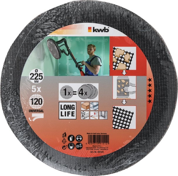 kwb Quick-Stick Schleifgitter-Scheibe K 120  für Langhalsschleifer, 225 mm Ø,,aus Fiberglas, gelocht gelocht mit Klett (5 Stk.)
