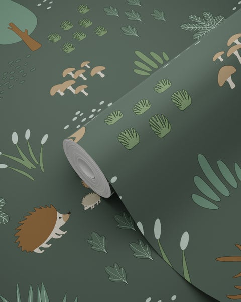 Tapetenrolle mit Waldmotiven, einschließlich Igeln und Pilzen