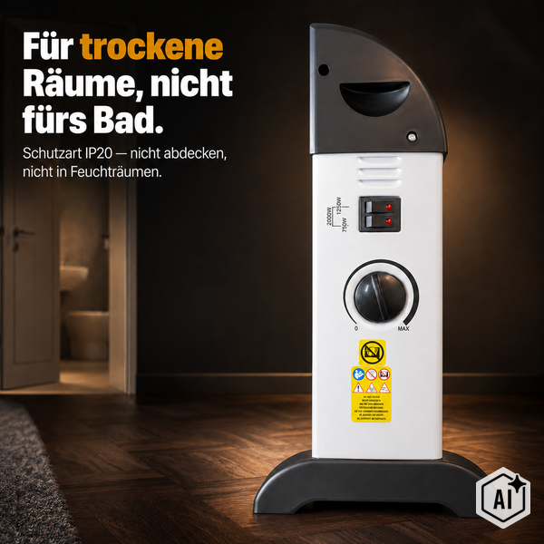 Elektrischer Konvektor Heizstrahler für trockene Innenräume mit Schalter und Thermostat, Schutzart IP20, nicht für Feuchträume geeignet.