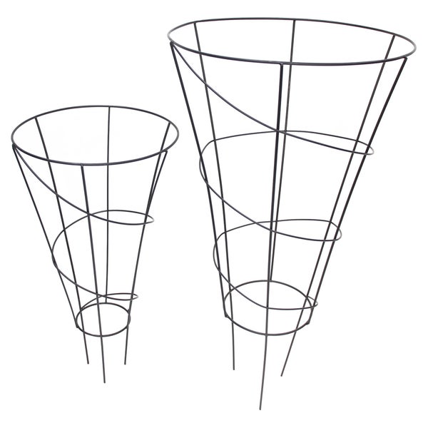 Zwei kegelförmige Rankhilfen aus Metalldraht in verschiedenen Größen.