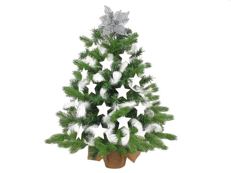 Künstlicher Weihnachtsbaum im Jutesack, geschmückt mit Sternanhängern und Federdekoration, inklusive Sternspitze.