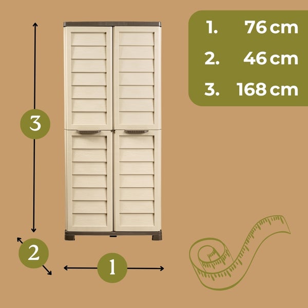 Abbildung der Abmessungen eines Kunststoffschranks mit zwei Türen: 76 cm breit, 46 cm tief und 168 cm hoch