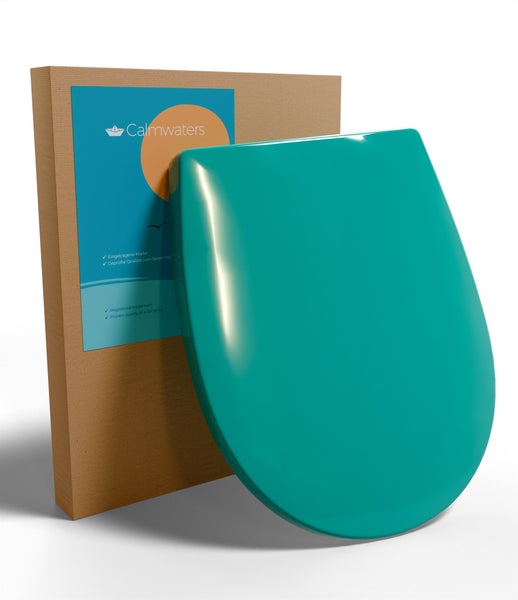 Calmwaters WC-Sitz in Türkis vor einer Produktverpackung mit Markenlogo