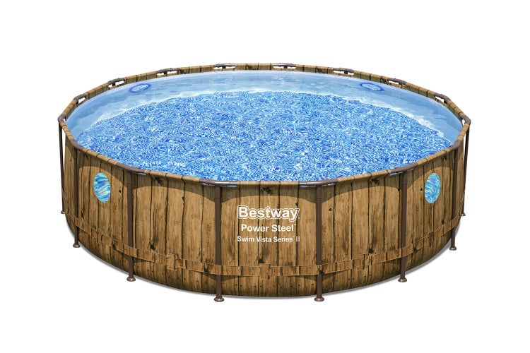 Bestway Power Steel Swim Vista Series II Aufstellpool rund in Holzoptik mit Sichtfenstern und Stahlrahmen