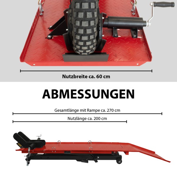 Motorradwippe mit Maßangaben: Nutzbreite circa 60 cm, Gesamtlänge mit Rampe circa 270 cm, Nutzlaenge circa 200 cm