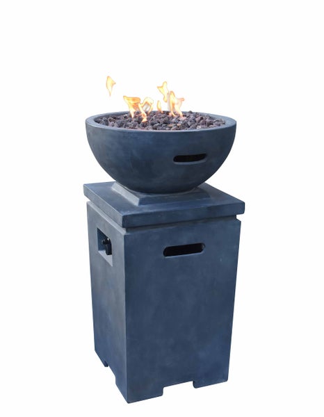 Gas-Feuerstelle in Säulenform mit brennender Feuerschale und Lavasteinen