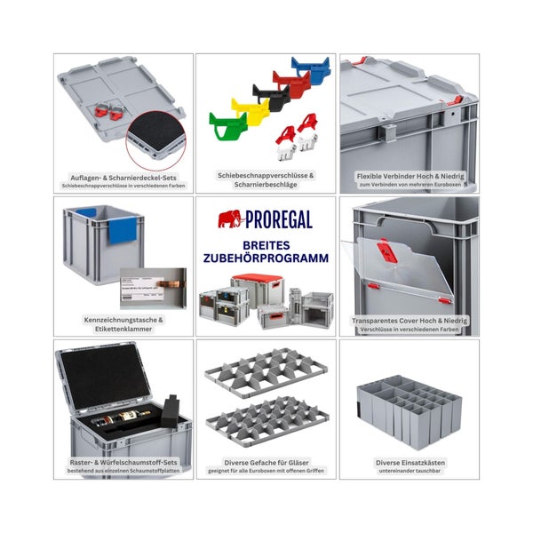 PROREGAL Spar Set 5x Eurobox Nextgen Economy Mit Auflagedeckel & 4x Schiebeschnappverschlüsse Schwarz Griffe Geschlossen HxBxT 12 x 40 x 60 cm