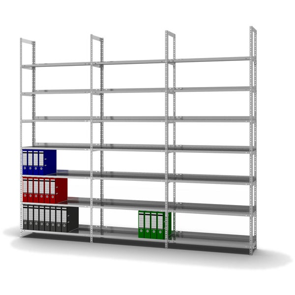 PROREGAL Aktenregal Schraubsystem Grundregal HxBxT 255 x 100 x 30 cm 7 Ebenen Fachlast 60 kg Ohne Deckboden Einseitig Nutzbar Verzinkt