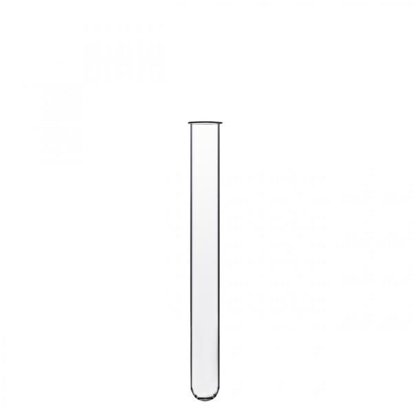 Transparentes Reagenzglas aus Glas mit gebördeltem Rand und rundem Boden.