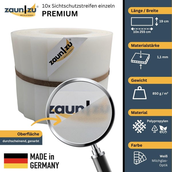 Zehn Sichtschutzstreifen aus Polypropylen in Milchglasoptik, 19 mal 255 Zentimeter