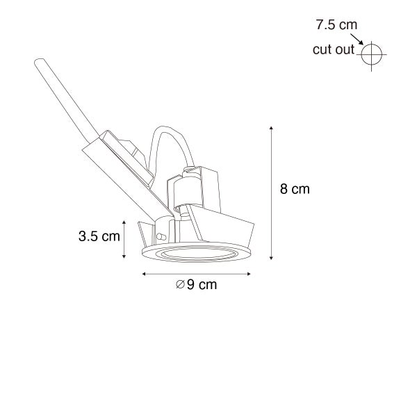 Technische Zeichnung eines Einbaustrahlers mit Maßen: Durchmesser 9 Zentimeter, Gesamthöhe 8 Zentimeter, Höhe 3,5 Zentimeter, Lochausschnitt 7,5 Zentimeter.