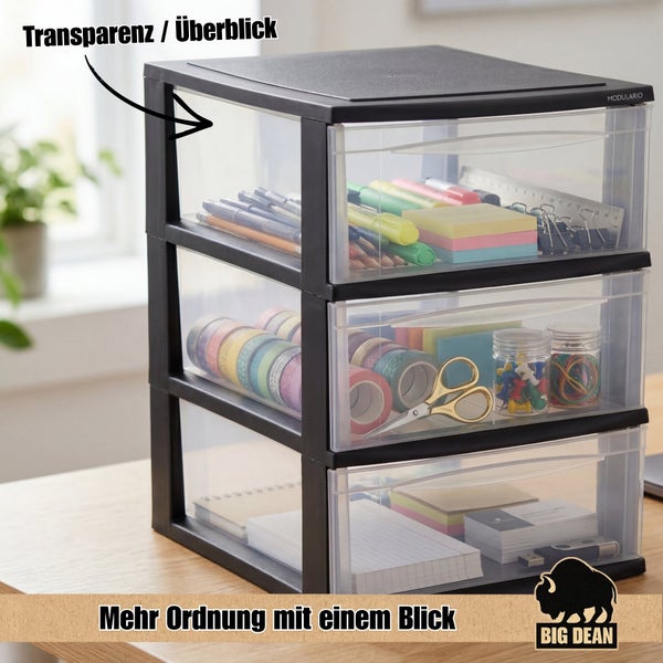 Schubladenbox Modulario mit drei transparenten Schubladen zur übersichtlichen Aufbewahrung von Büromaterial auf einem Schreibtisch.