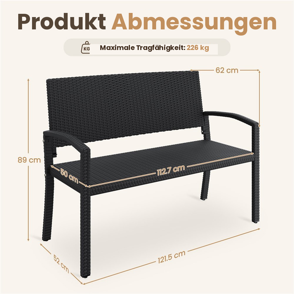 Gartenbank aus Polyrattan: Höhe 89 Zentimeter, Breite 121,5 Zentimeter, Tiefe 52 Zentimeter. Maximale Tragfähigkeit 226 Kilogramm.