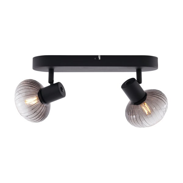 Deckenleuchte mit zwei Strahlern und gerippten Glasschirmen