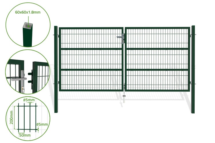 Doppelflügeltor für Stabmattenzaun 3m RAZO 300B140 Moosgrün