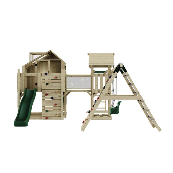 Holzspielplatz mit Rutsche, Schaukel und Kletterwand