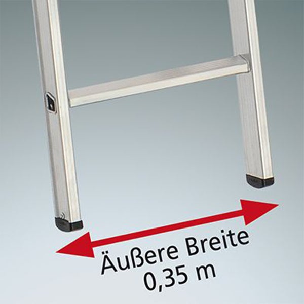 Detailansicht einer Aluminiumleiter mit Maßpfeil zur Verdeutlichung der äußeren Breite von 0,35 Meter.
