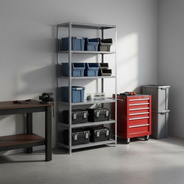 Organisierte Werkstatt mit einem Metallregal voller Sichtlagerkästen und Werkzeugkoffern, einem roten Werkstattwagen und einer Werkbank.