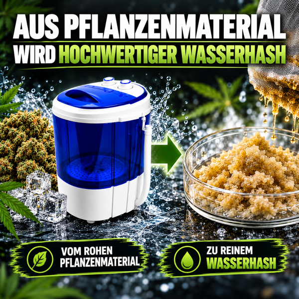 Kompakte Waschmaschine für die Herstellung von Wasserhaschisch aus Pflanzenmaterial mit Eiswürfeln und Sieb für einen Extraktionsprozess.