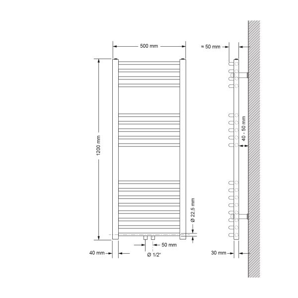 ECD Germany Badheizkörper Mittelanschluss 500 x 1200 mm Weiß gebogen mit Anschlussgarnitur für Heizkörper mit Thermostat Eck Wand Weiß - Heizung Handtuchwärmer Handtuchtrockner Handtuchheizkörper