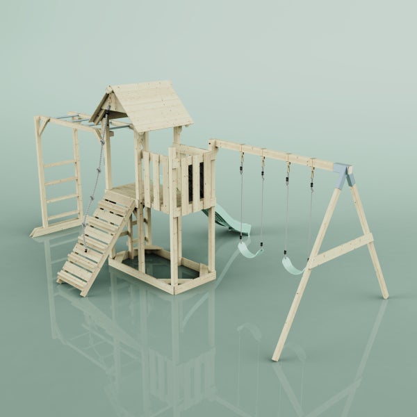 Spielplatz mit Spielturm, Rutsche, Schaukel und Klettergerüst aus Holz