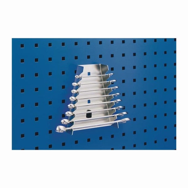 Maulschlüsselhalter aus Metall für Lochwände mit acht Ringmaulschlüsseln in verschiedenen Größen.