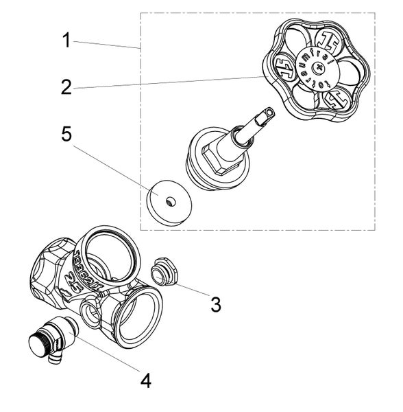 Explosionszeichnung eines Ventils mit nummerierten Ersatzteilen wie Handrad, Spindel und Dichtung.