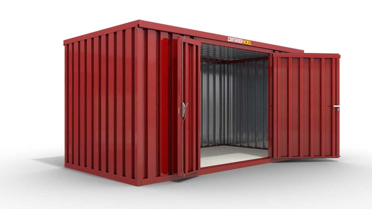 Lagercontainer Gerätehaus XXL+  – 12 qm, H2532 x B6020 x T2170 mm, Außenwandlackierung RAL 3000 feuerrot, Dach außen verzinkt, mit Holzfußboden, 1830 mm Doppelflügeltür mittig in Breitseite, Erfolgt fertig montiert