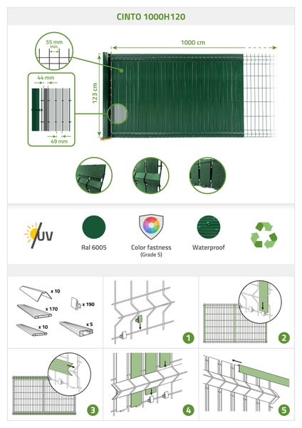 PVC-Sichtschutzlamellen-Set 10m CINTO H.120cm Grün