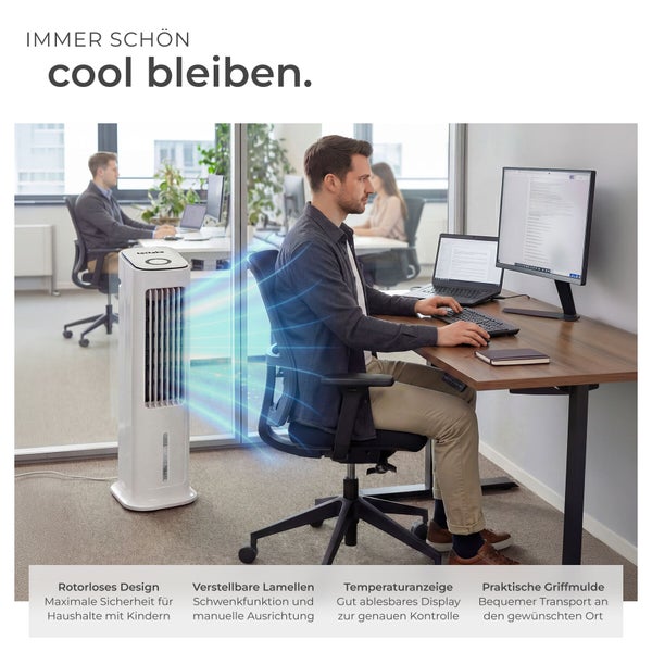 tectake Turmventilator in einem modernen Büro, der kühle Luft auf eine am Schreibtisch arbeitende Person leitet.