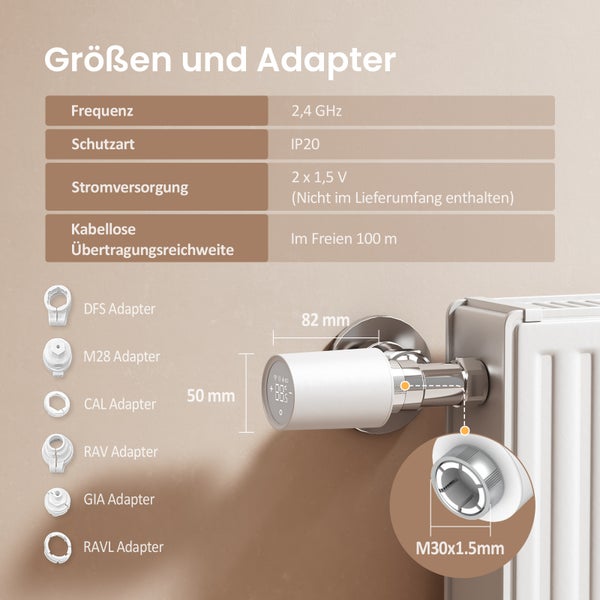 Größen und Adapter für ein Heizkörperthermostat mit Informationen zu Frequenz, Schutzart, Stromversorgung und Funkreichweite sowie verschiedene Adapter.