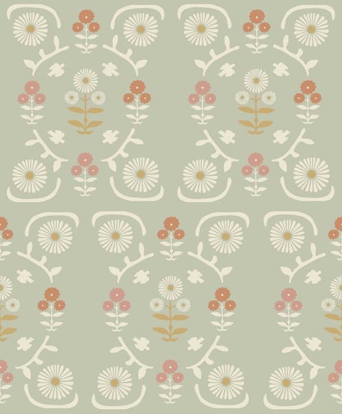 Borastapeter Tapete Blumen Grün und Terrakotta - 53 cm x 10.05 m - 662573
