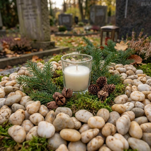 Grablicht in einem Glas, dekoriert mit Tannenzweigen, Moos, Zapfen und Kieselsteinen auf einer Grabstätte.