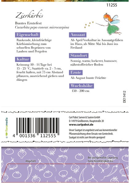 Rückseite der Samenpackung für Zierkürbis Buntes Erntefest mit Anbauhinweisen zu Aussaat, Standort, Ernte und Wuchshöhe.
