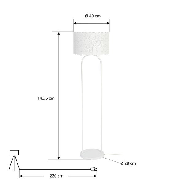 Technische Zeichnung einer Stehlampe mit den Maßen 143,5 cm Höhe, 40 cm Durchmesser Lampenschirm und 28 cm Durchmesser Fuß