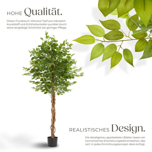 Künstlicher Ficusbaum tectake Fida stabiler Kunststoff-Blumentopf verschiedene Größen grün