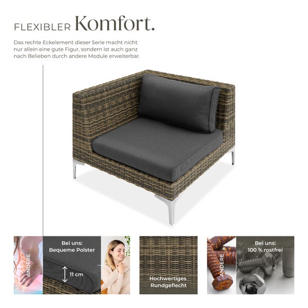 Modulares Rattanset tectake Villanova 89 x 89 x 72 cm rechtes Eckelement mit Aluminiumgestell anthrazit-meliert