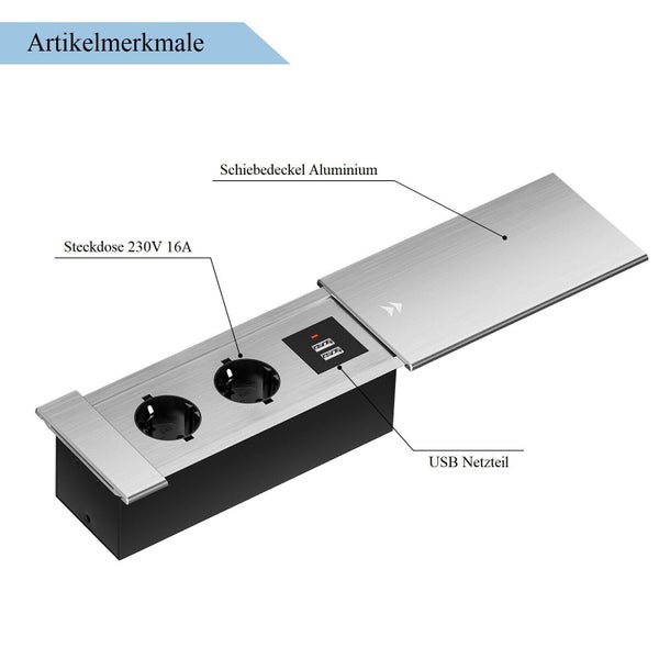 Einbau-Steckdosenleiste mit Aluminium-Schiebedeckel, zwei Steckdosen 230 Volt 16 Ampere und USB-Anschlüssen für Tische und Arbeitsplatten.