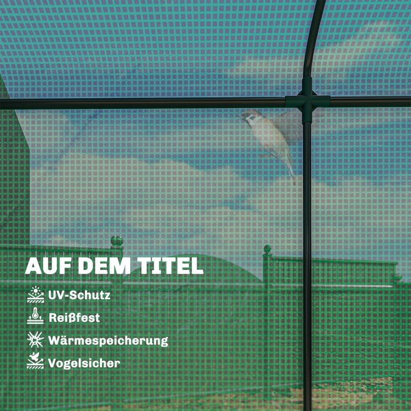 Gewächshausfolie mit Gitterstruktur, Ultraviolett-Schutz, reißfest, wärmespeichernd und vogelsicher.