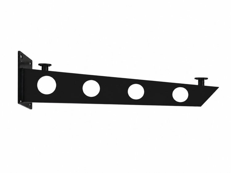 Wandkonsole aus Metall in Schwarz mit vier kreisförmigen Aussparungen und zwei Auflagen.