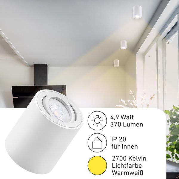 Weißer LED-Aufbaustrahler für Innen mit 4,9 Watt, 370 Lumen, Schutzart IP 20 und warmweißem Licht bei 2700 Kelvin.
