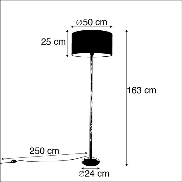 Skizze Stehleuchte: Höhe 163 Zentimeter, Schirm Durchmesser 50 Zentimeter, Höhe 25 Zentimeter, Fuß Durchmesser 24 Zentimeter, Kabel 250 Zentimeter.