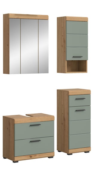 Badezimmermöbel-Set aus Spiegelschrank, Hängeschrank, Waschbeckenunterschrank und Midischrank, Eichenoptik mit salbeigrünen Fronten.