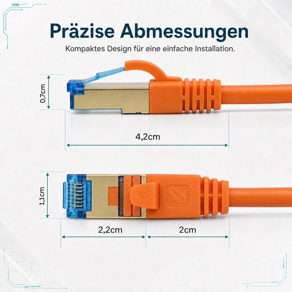 Abmessungen eines RJ45-Netzwerkkabelsteckers mit einer Höhe von 0,7 cm, Breite von 1,1 cm, Steckerlänge von 2,2 cm und Tüllenlänge von 2 cm.