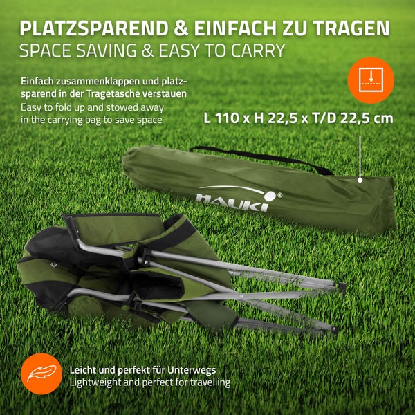 Hauki Campingstuhl faltbar, Khaki, Anglerstuhl mit Getränkehalter & Tragetasche, Gartenstuhl klappbar, bis 150kg, Übergroßer Klappstuhl mit Hochlehner, Gepolster Faltstuhl leicht, Angelstuhl tragbar