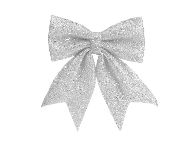 Dekorative Schleife mit Glitzer als Weihnachtsbaumschmuck oder Geschenkanhänger.