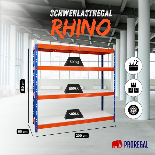 Schwerlastregal Rhino von PROREGAL aus Metall mit vier Böden. Maße: 180 Zentimeter hoch, 200 Zentimeter breit, 500 Kilogramm Tragkraft pro Boden.