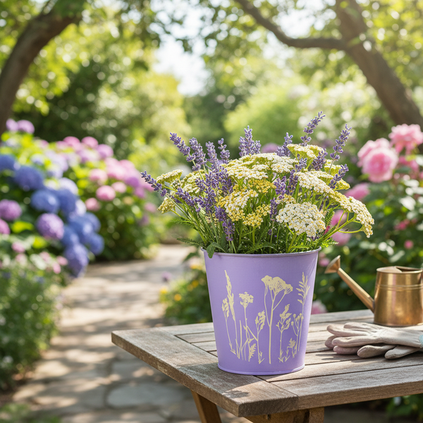 Dekorativer Metalleimer mit Lavendel und Schafgarbe auf einem Holztisch in einem hellen Garten neben Gießkanne und Handschuhen.