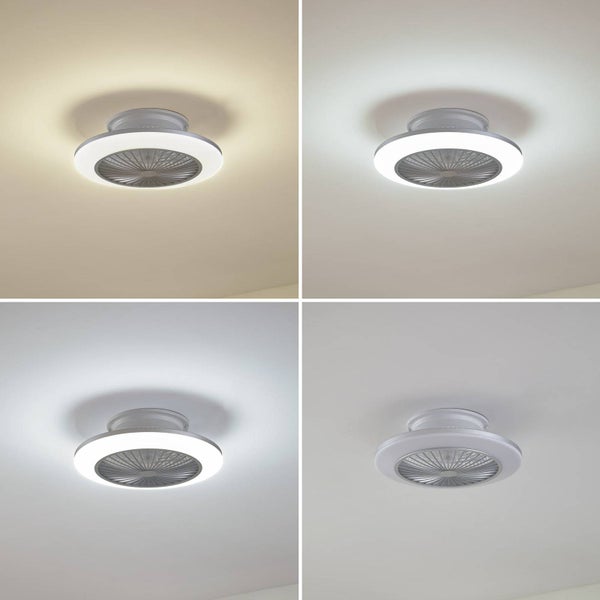 Moderne Deckenventilator-Leuchte mit LED-Ring in vier Lichtstimmungen: warmweiß, neutralweiß, tageslichtweiß und ausgeschaltet.